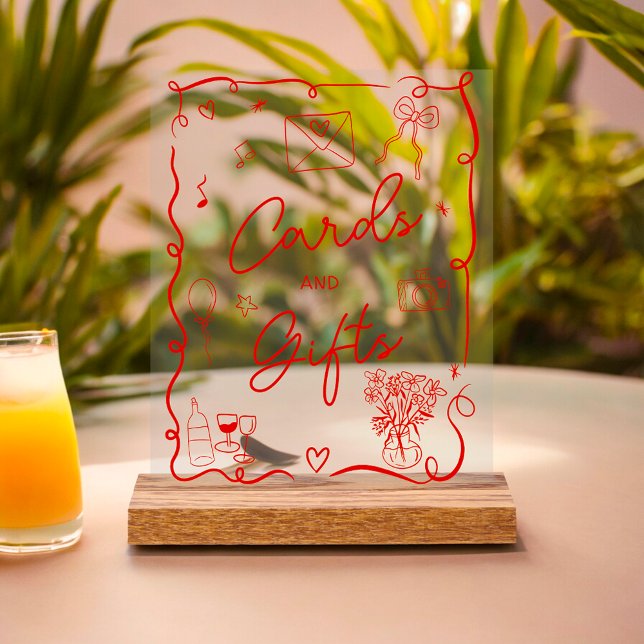 Señal Acrílica Retro rosa rojo ilustrado signo de la ducha de nov (Retro pink red illustrated sign bridal shower)