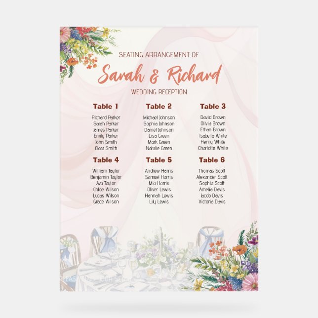 Señal Acrílica Romantic Wildflower Wedding Seating Chart (Anverso)