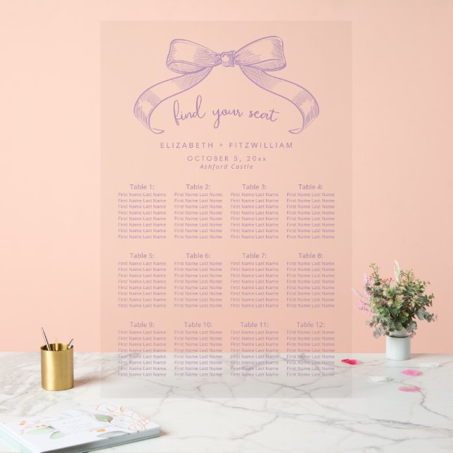Señal Acrílica Romántico Bow | Gráfica de asientos Lilac (Boda)