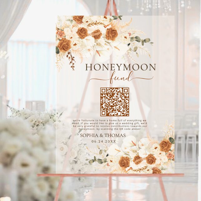 Señal Acrílica Rosa de acuarela moderna Fondo de luna de miel QR  (Subido por el creador)