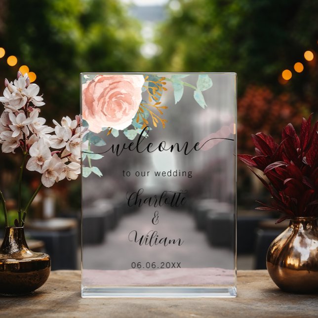 Señal Acrílica Rosa de oro floral eucalipto boda bienvenida (Subido por el creador)