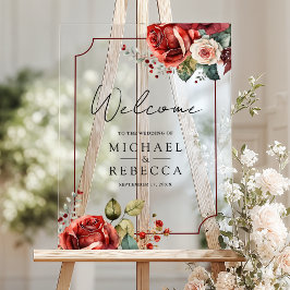 Señal Acrílica Rosas Rojas Románticas Bienvenida Floral Boda