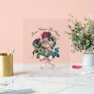 Señal Acrílica Rosas rojas y rosadas con tarjeta de lazo