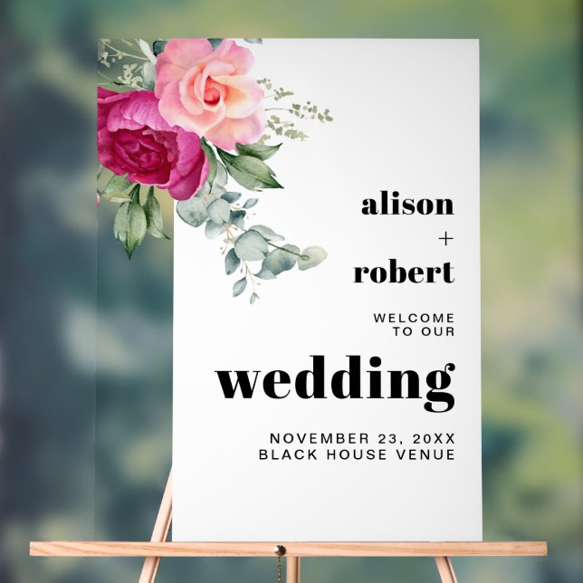 Señal Acrílica Rosas rosas rosas rosas eucalipto boda BIENVENIDA (Neutral )