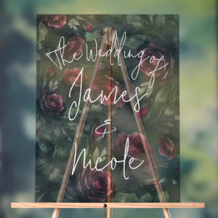Señal Acrílica Roses rojos burdeos Boda floral gris oscuro