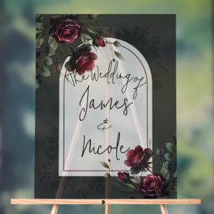 Señal Acrílica Roses rojos burdeos Boda floral gris oscuro