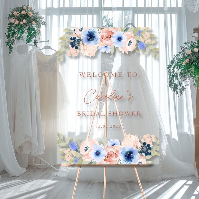 Señal Acrílica Rótulo acrílico (Peach-Blue Floral, Bridal shower acrylic sign with your name and date-)