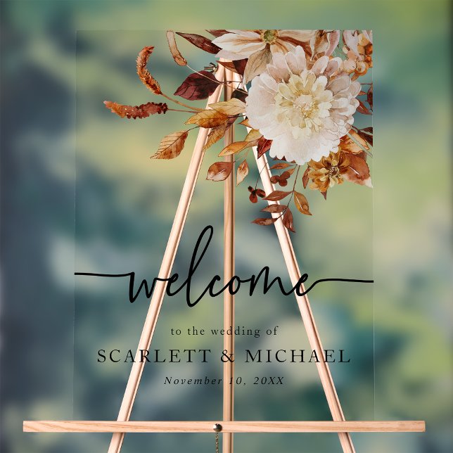 Señal Acrílica Rótulo acrílico Boda de bienvenida otoño (Fall Floral Welcome Wedding Acrylic Sign by Painted Paperie
)