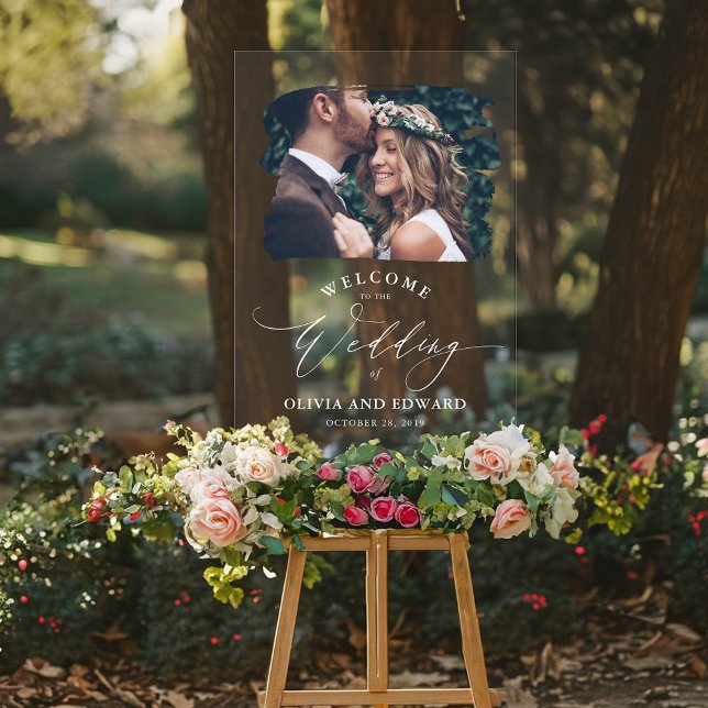 Señal Acrílica Rótulo acrílico de bienvenida boda con foto (Minimalist Elegant Wedding Welcome Design on the Acrylic Sign)