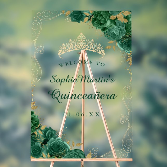 Señal Acrílica Rótulo acrílico de la Quinceanera floral de oro es (Neutral )