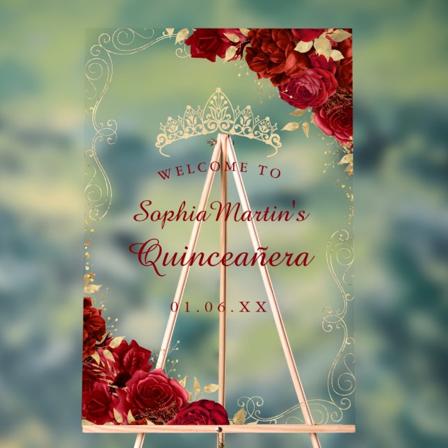 Señal Acrílica Rótulo acrílico de la Quinceanera floral dorada ro (Neutral )