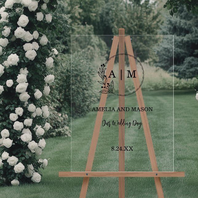 Señal Acrílica Rótulo acrílico de monograma floral mínimo negro (Minimal Floral Monogram Black and Clear Acrylic Wedding Sign)
