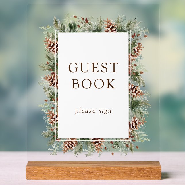 Señal Acrílica Rótulo acrílico del libro de invierno (Watercolor Pine Greenery Winter Guest Book Acrylic Sign by Painted Paperie)
