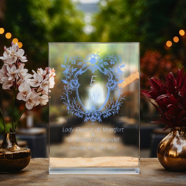 Señal Acrílica Rótulo Boda de monograma Escudo azul de la línea d (Ornate Linen Blue Crest Monogram Wedding Sign)
