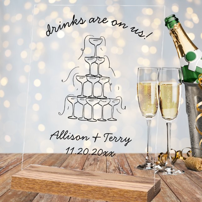 Señal Acrílica Rótulo Boda del Bar Abierto con Champán manos a la (hand drawn champagne tower wedding open bar clear acrylic sign quirky whimsical reception decor)