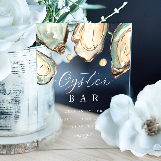 Señal Acrílica Rótulo de barra ostión acuática costera (Coastal watercolor oyster bar sign for your wedding or special event)