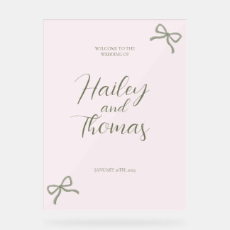 Señal Acrílica Rótulo de Boda de Bow rosa y verde