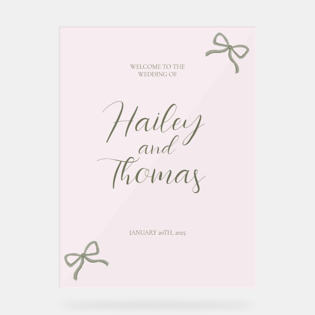 Señal Acrílica Rótulo de Boda de Bow rosa y verde (Anverso)