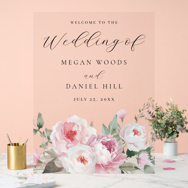 Señal Acrílica Rótulo de Boda grande con flores botánicas Rubor y (Boda)