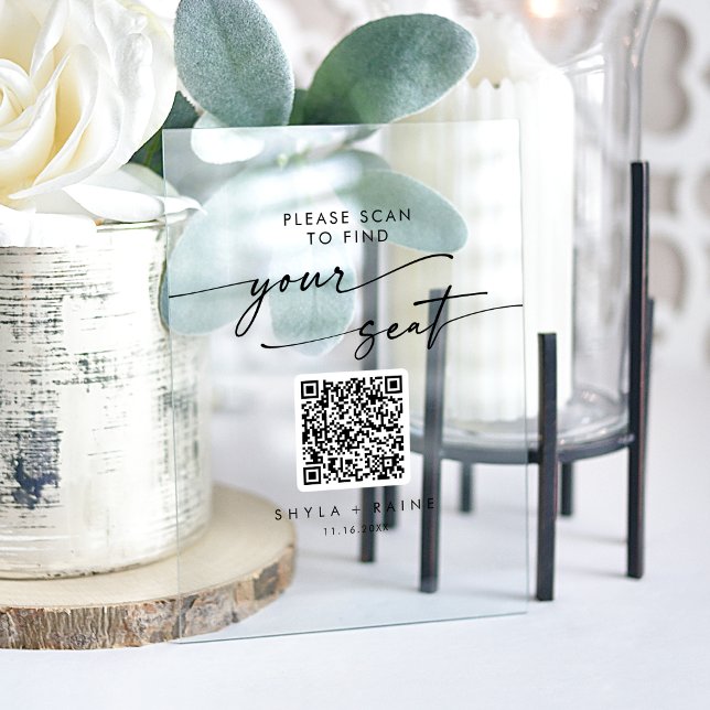 Señal Acrílica Rótulo de la tabla de asientos del Boda acrílico t (Boho QR Clear Acrylic Wedding Seating Chart Sign)