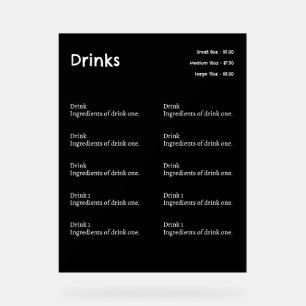 Señal Acrílica Rótulos de menú simple para la cafetería