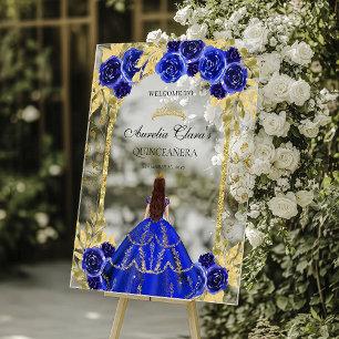 Señal Acrílica Royal Blue Princess Floral Quinceañera Cumpleaños