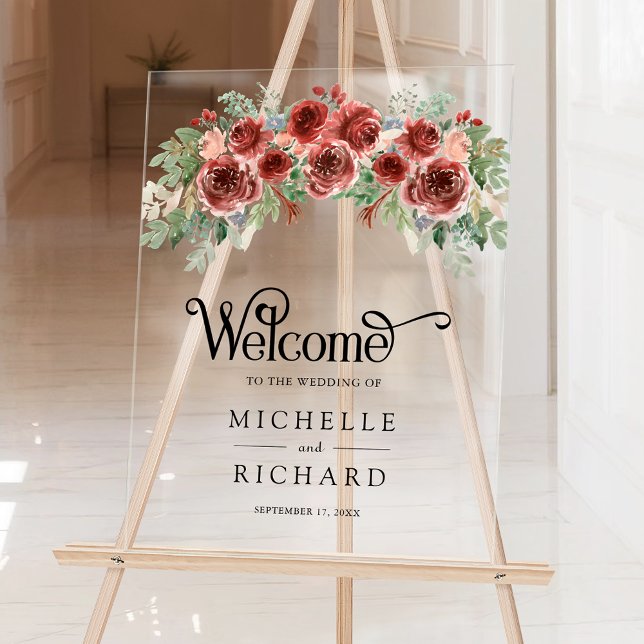 Señal Acrílica Rustic Marsala Floral Wedding Welcome (Subido por el creador)