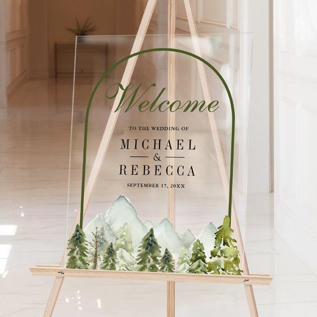 Señal Acrílica Rustic Mountain Pine Trees Wedding Welcome (Subido por el creador)