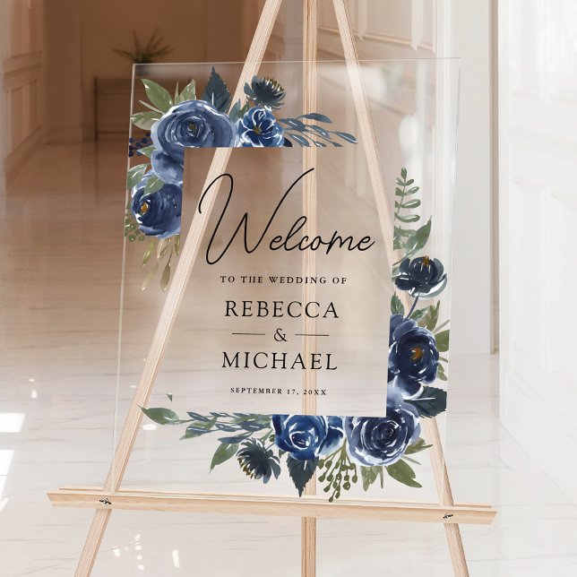 Señal Acrílica Rustic Navy Blue Floral Wedding Welcome (Subido por el creador)