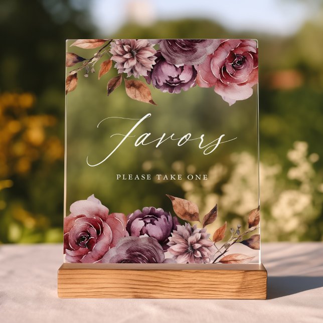 Señal Acrílica Rustic Otoño Floral Favores De Boda (Please note: The wooden stand does not come with the sign. Zazzle sells a similar wood block.)