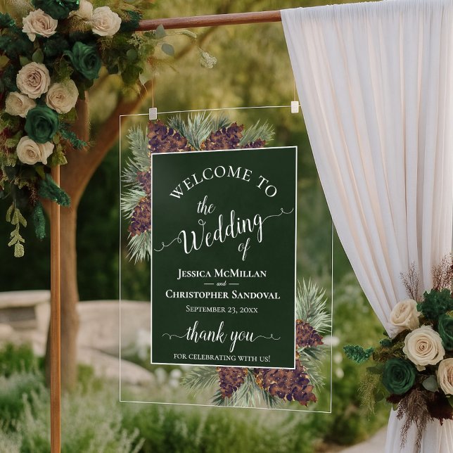 Señal Acrílica Rustic Pinecones & Pine Branches Wedding Welcome (Subido por el creador)