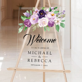 Señal Acrílica Rustic Purple Floral Wedding Welcome