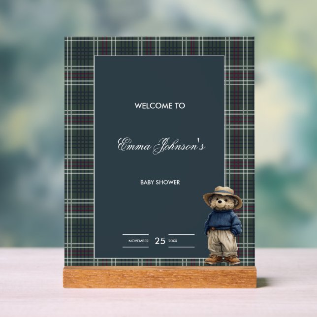 Señal Acrílica Rustic Tartan Bear Baby Shower (Neutral )