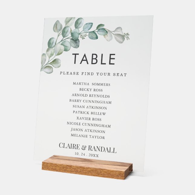 Señal Acrílica Rustic Watercolor Eucalyptus Greenery Wedding (Ángulo)