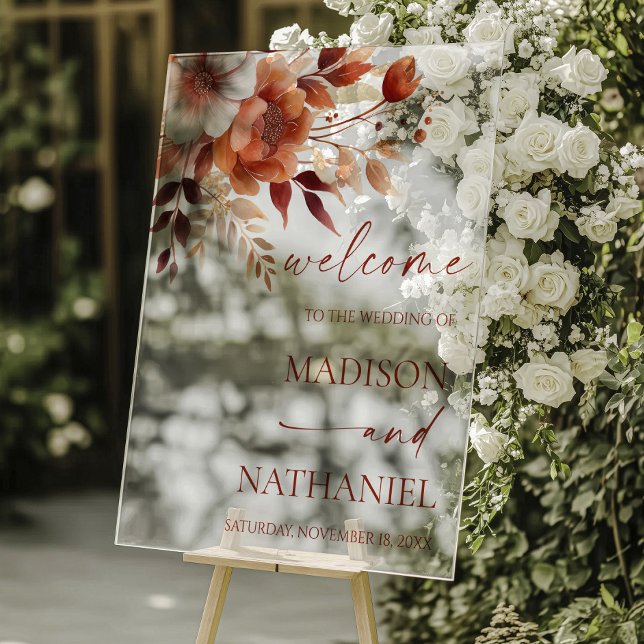 Señal Acrílica Rusty Burgundy Brown Floral Wedding Welcome (Subido por el creador)