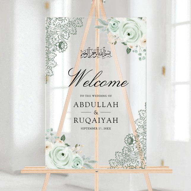 Señal Acrílica Sage Green Floral Lace Muslim Wedding Welcome (Subido por el creador)