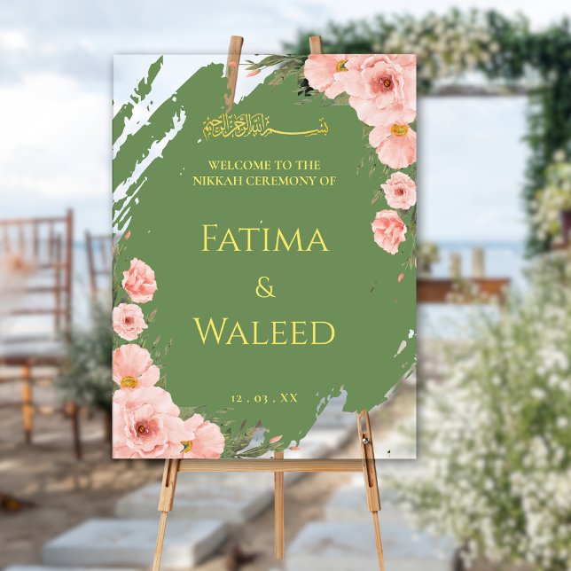 Señal Acrílica Sage Green Floral Muslim Nikkah Signo de bienvenid (Subido por el creador)