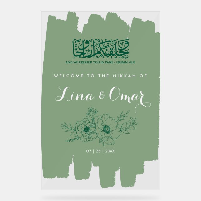 Señal Acrílica Sage Green Floral Nikkah Acrylic Sign (Anverso)