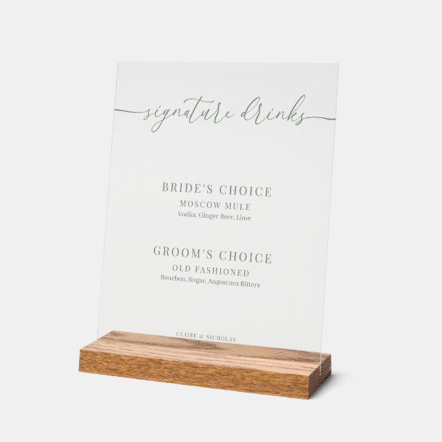 Señal Acrílica Sage Green Modern Elegant Wedding Signature Bebida (Ángulo)