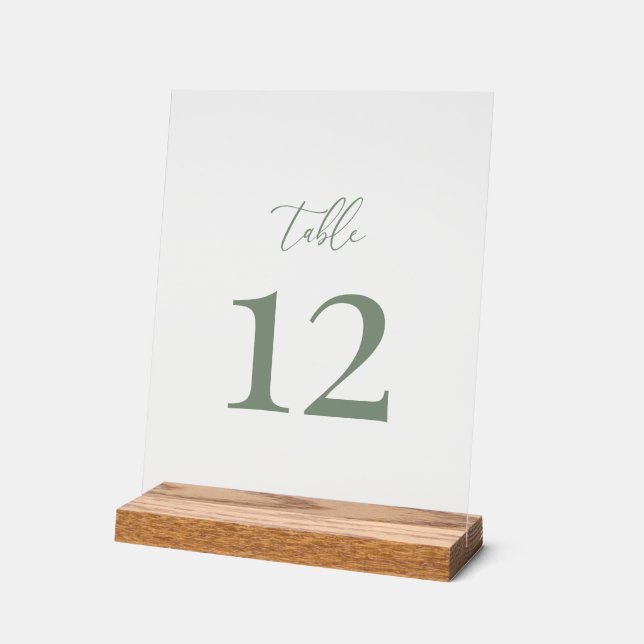 Señal Acrílica Sage Green Modern Elegant Wedding Table Number (Ángulo)