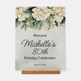 Señal Acrílica Sage Green White Roses 80 cumpleaños