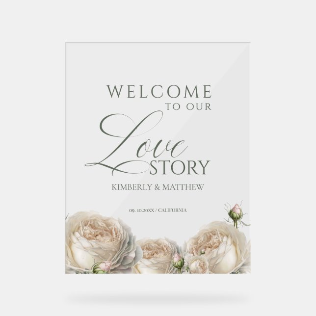 Señal Acrílica Sage Greenery Roses Welcome Wedding Sign (Anverso)