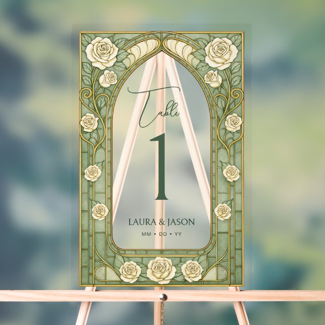 Señal Acrílica Sage Stained Glass Floral Wedding Table Number (Neutral )
