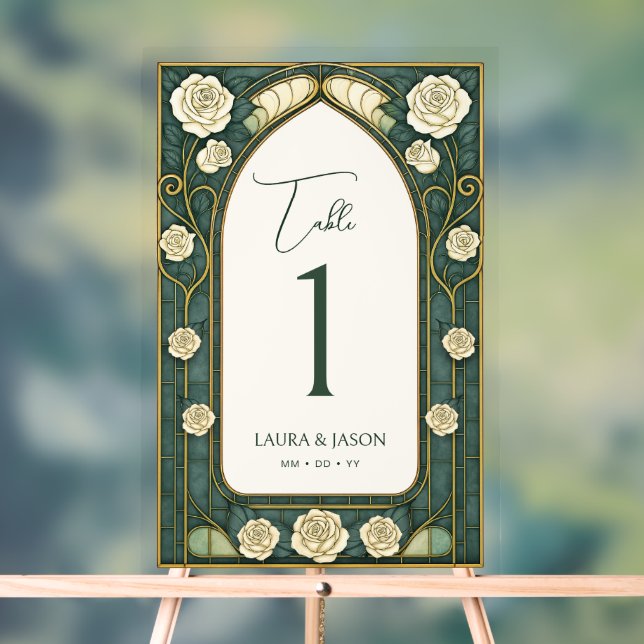 Señal Acrílica Sage Stained Glass Floral Wedding Table Number (Neutral )