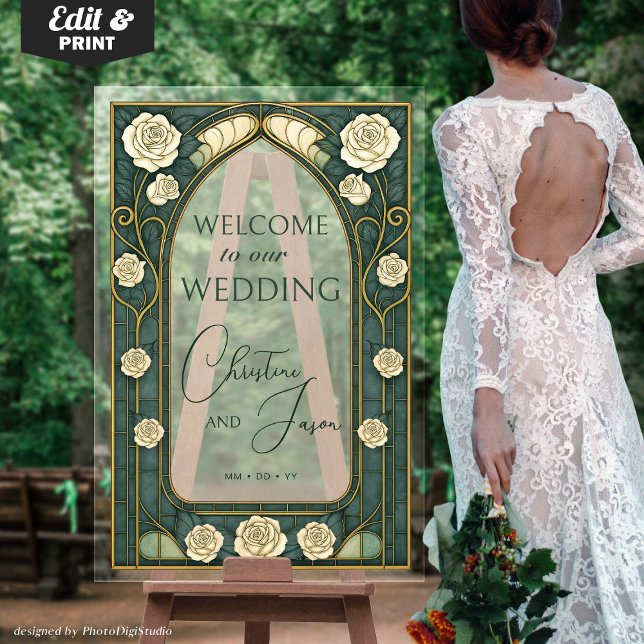 Señal Acrílica Sage Stained Glass Floral Wedding Welcome  (Sage Stained Glass Floral Wedding Welcome Acrylic Art Nouveau Sign Frosted Look Sign)