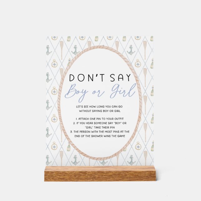 Señal Acrílica Sailboat Baby Shower Games - Don't Say Boy or Girl (Anverso)