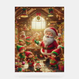 Señal Acrílica Santa y sus elfos en el taller de Navidad en la pa