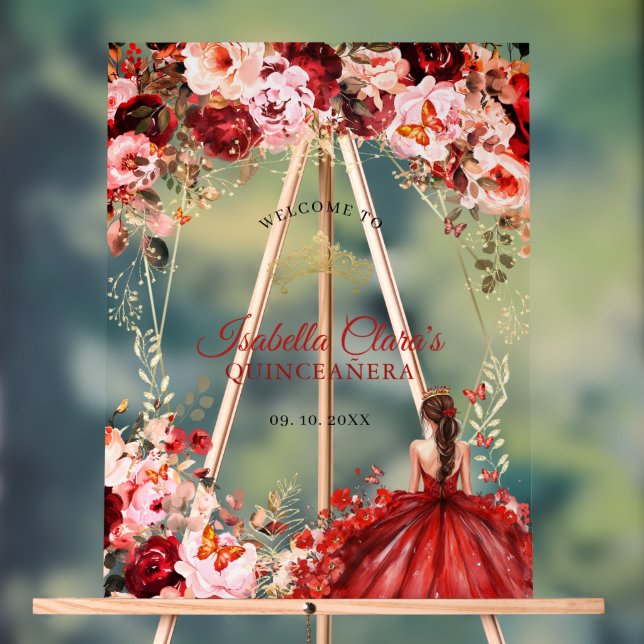 Señal Acrílica Scarlet Enchanted Floral Gold Quinceanera Welcome (Neutral )