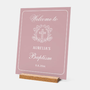 Señal Acrílica Sencilla cruz floral en bautismo rosa bienvenida
