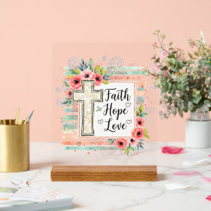 Señal Acrílica Shabby Chic floral Fe Esperanza Amor